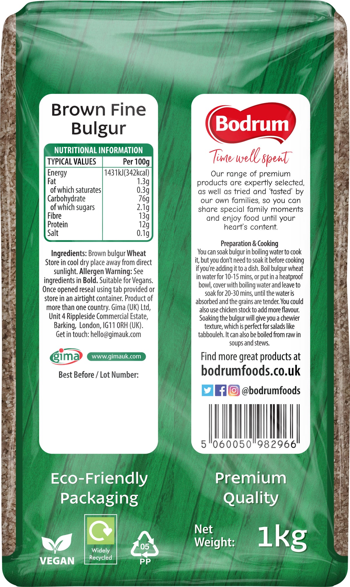 Bodrum Brown Fine Bulgur packaging with nutritional information and branding details.