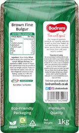 Bodrum Brown Fine Bulgur packaging with nutritional information and branding details.