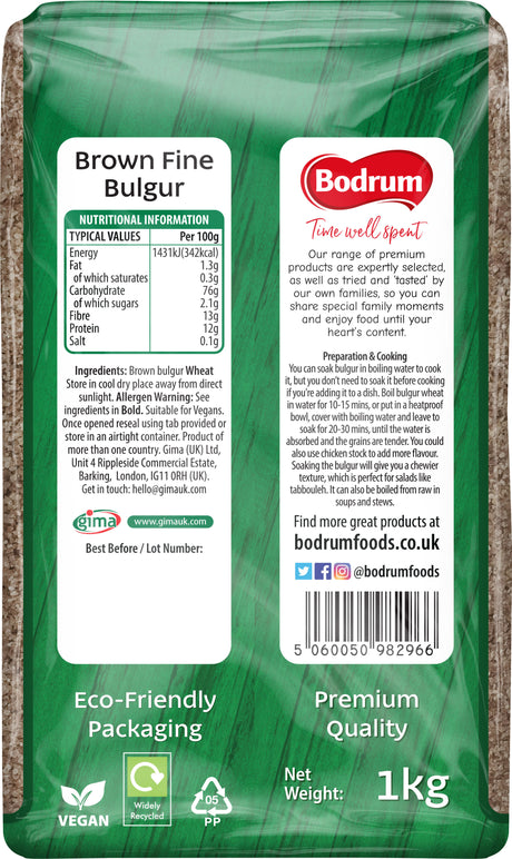 Bodrum Brown Fine Bulgur packaging with nutritional information and branding details.