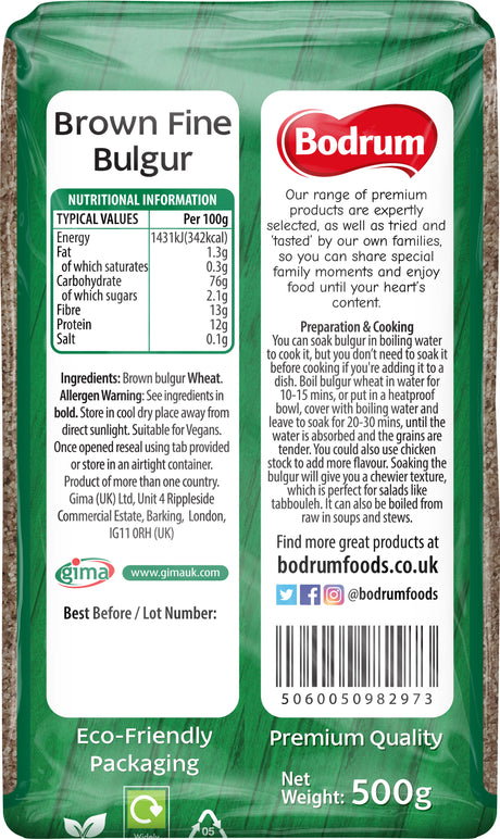 Bodrum brand brown fine bulgur package with nutritional information and branding details.
