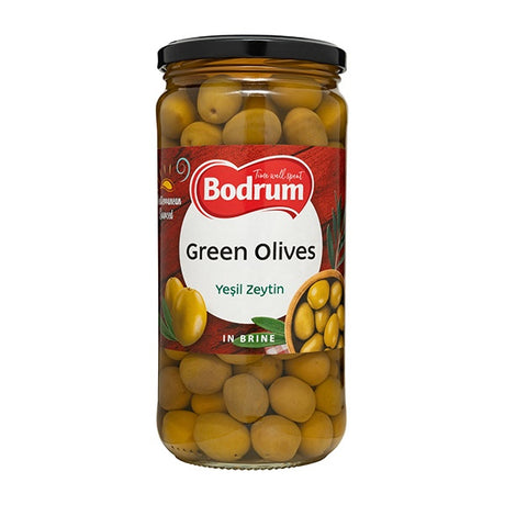 Jar of Bodrum green olives on a white background