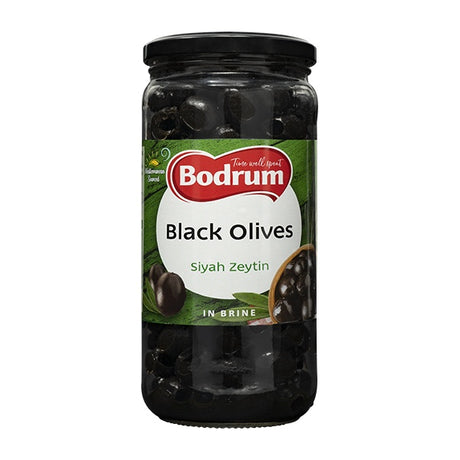 Jar of Bodrum Black Olives on a white background