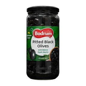 Jar of Bodrum pitted black olives on a white background