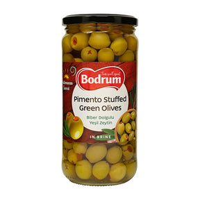 Jar of Bodrum Pimento Stuffed Green Olives on a white background