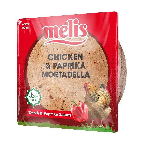 Packaged food item with 'melis' branding featuring a tortilla, chicken, and paprika on a red background.