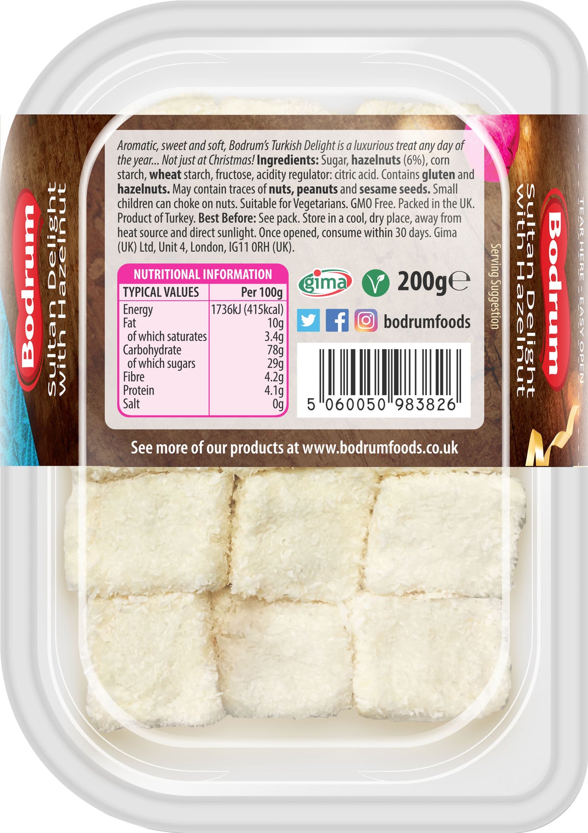 Packaged food product with Bodrum Foods branding and nutritional information label.
