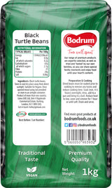 Green package of Bodrum Black Turtle Beans with nutritional information and branding details.