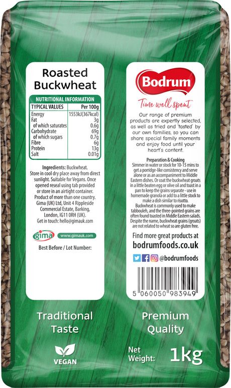 Package of roasted buckwheat with Bodrum Foods branding and nutritional information.
