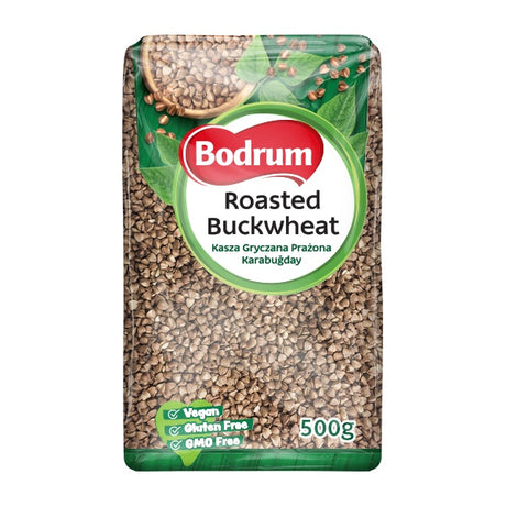 Packaging of Bodrum Roasted Buckwheat on a white background