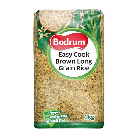 Bodrum Easy Cook Brown Long Grain Rice packaging on a white background