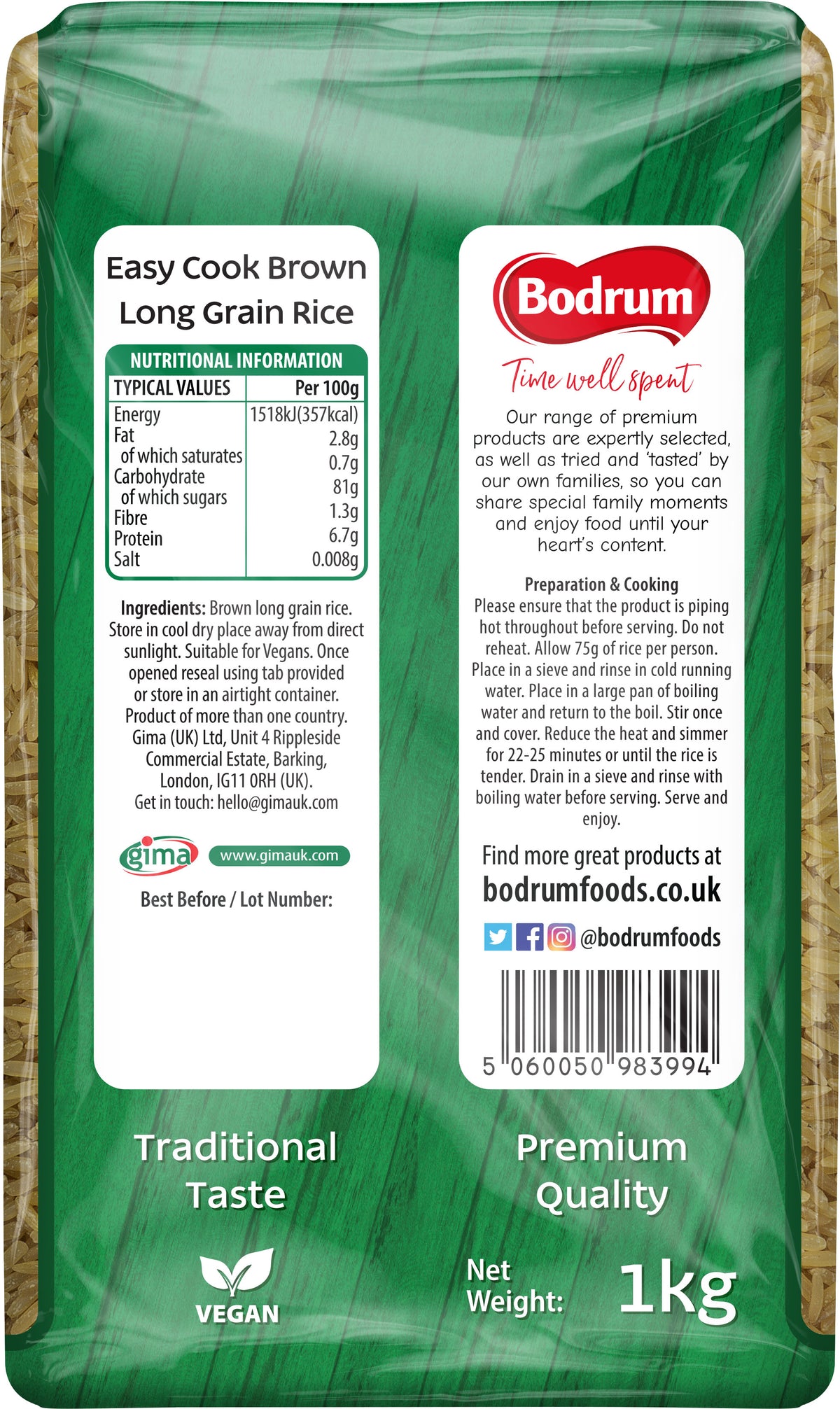 Bodrum Easy Cook Brown Long Grain Rice packaging with nutritional information and branding details.