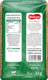Bodrum Easy Cook Brown Long Grain Rice packaging with nutritional information and branding details.