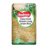 Packaging of Bodrum Easy Cook Brown Long Grain Rice on a white background