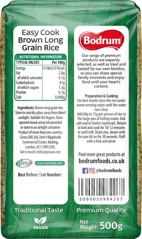 Bodrum brand rice packaging with nutritional information and branding details.