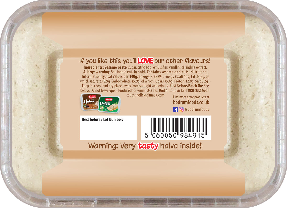 Container of halva with a label on the back