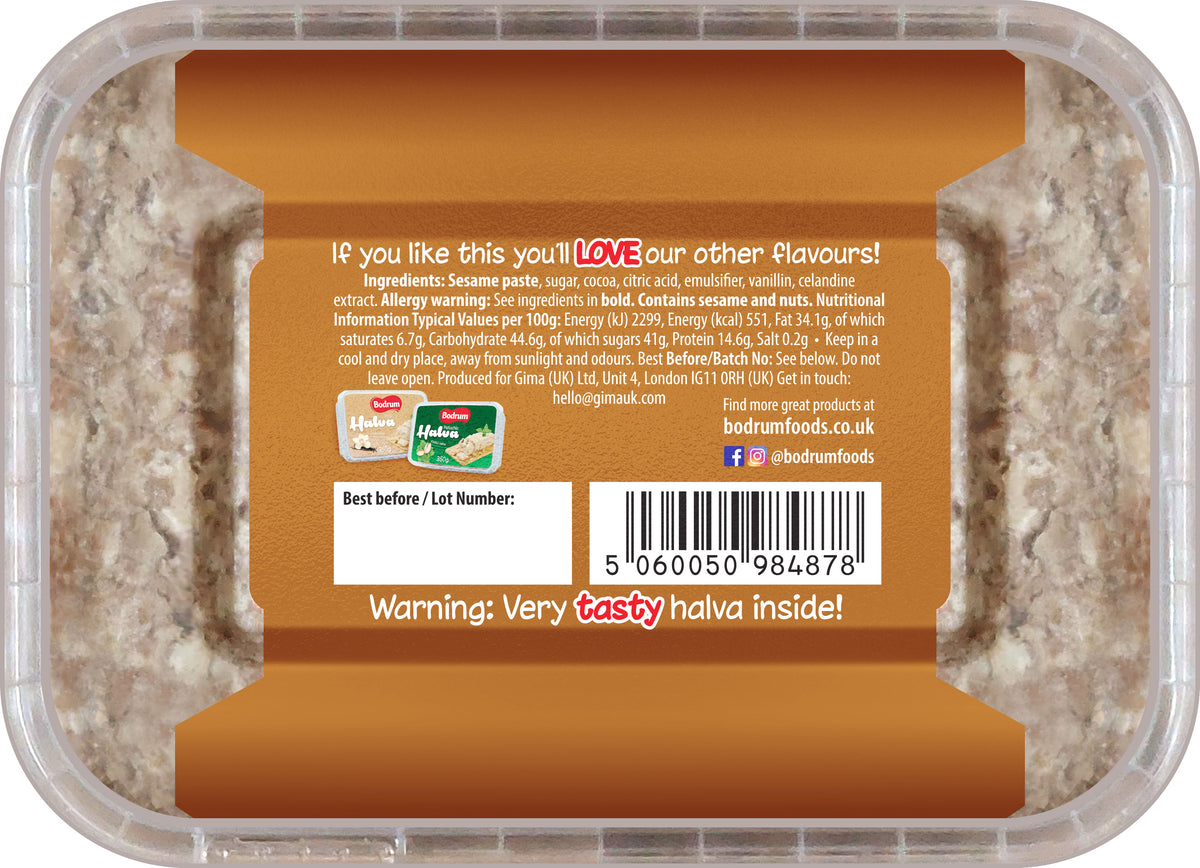 Container of halva with a label on a white background