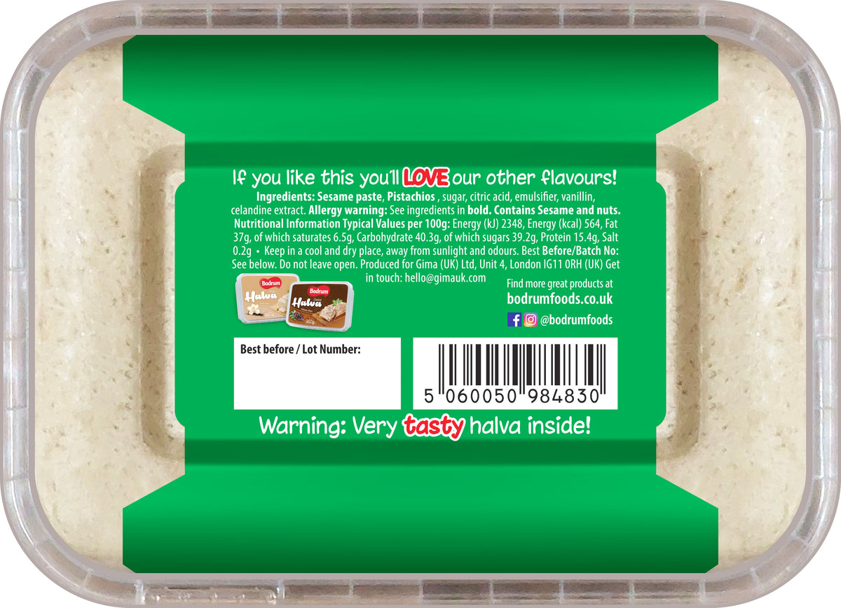 Container of halva with a green label displaying text and a barcode.