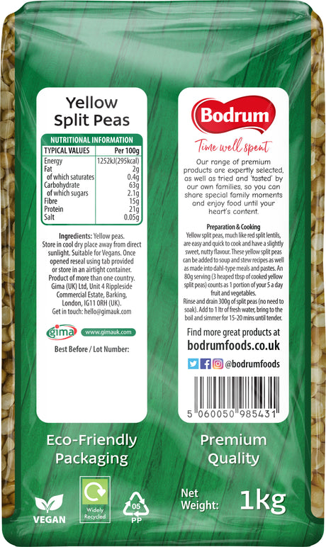 Packaging of yellow split peas with Bodrum branding and nutritional information.