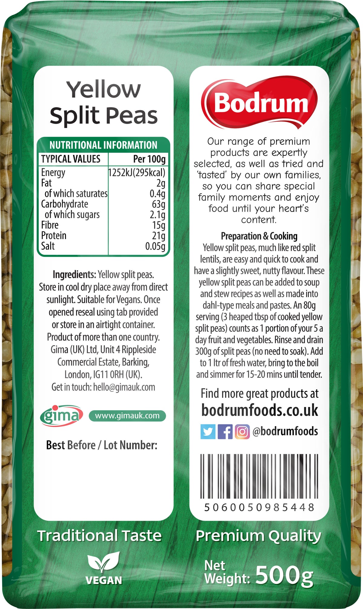 Packaging of Bodrum Yellow Split Peas with nutritional information and branding details.