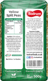 Packaging of Bodrum Yellow Split Peas with nutritional information and branding details.