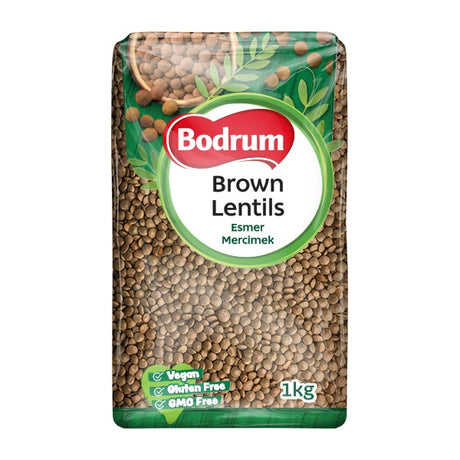 Bag of Bodrum brown lentils on a white background