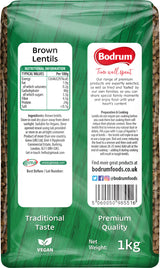 Bag of Bodrum brown lentils with nutritional information and branding details.