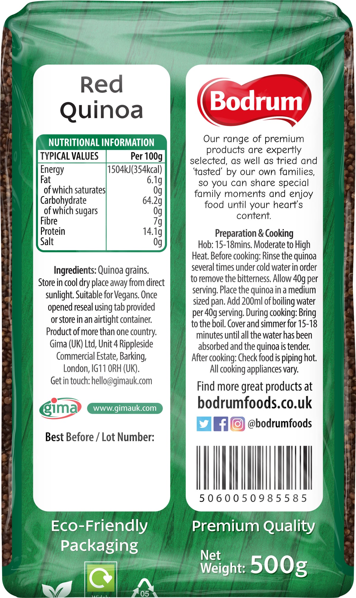Bodrum red quinoa package with label showing nutritional information and branding.