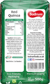 Bodrum red quinoa package with label showing nutritional information and branding.
