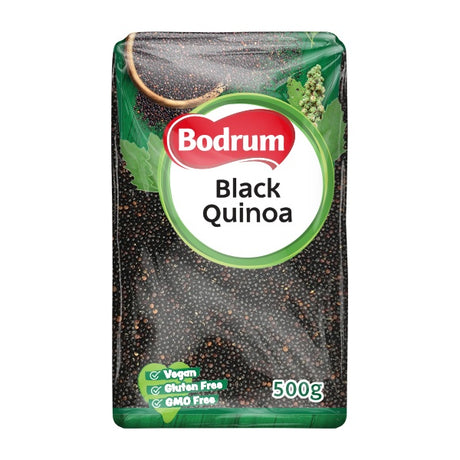 Bag of Bodrum Black Quinoa with green and white label on a white background