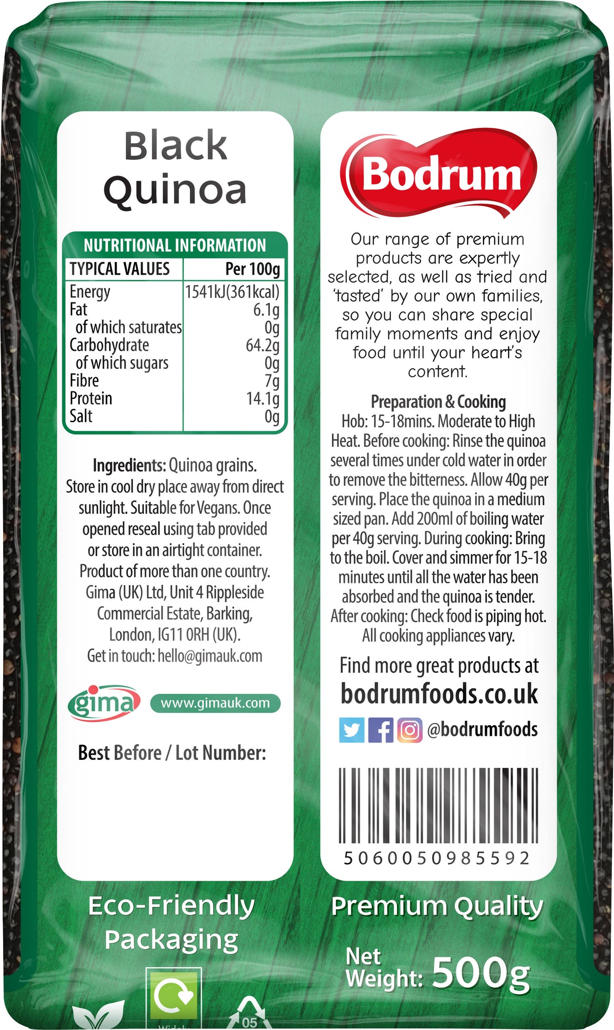 Bodrum Black Quinoa package with nutritional information and branding details.