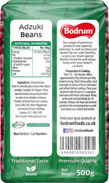Bodrum Adzuki Beans packaging with nutritional information and branding details.