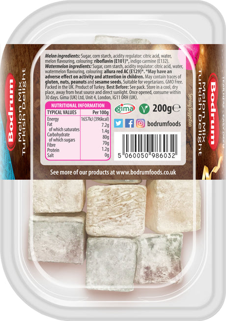 Packaged food product with Bodrum label and nutritional information on a white background