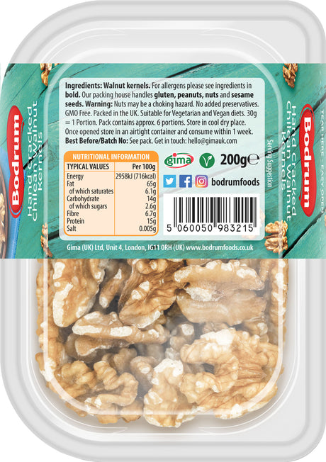 Packaged walnuts with a label showing brand information and nutritional details.