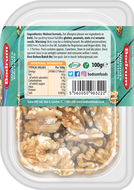 Packaged walnuts with a clear container and visible label on a white background