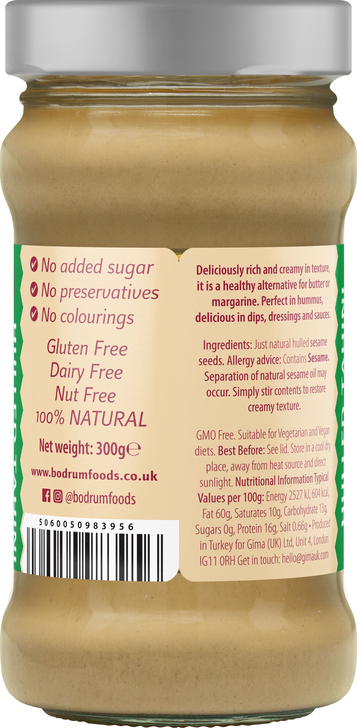 Jar of natural spread with label detailing health benefits and ingredients.