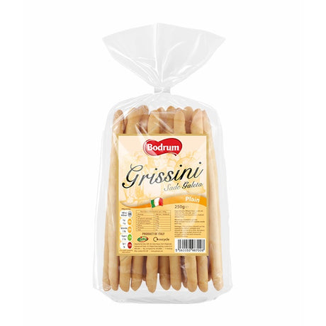 Packaged Bodrum Grissini sticks on a white background