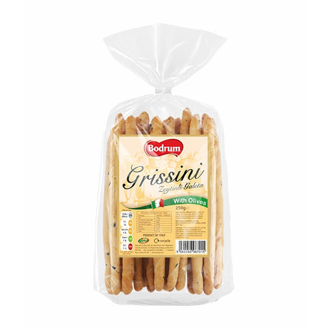 Packaged grissini with olives by Bodrum on a white background