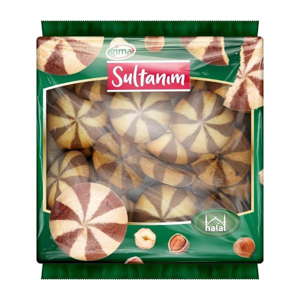 Packaged cookies with Sultanim branding on a white background