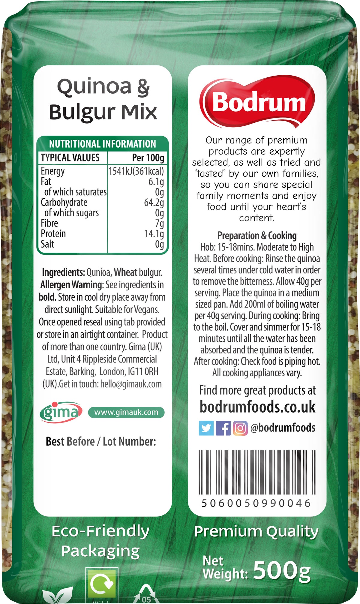 Packaging of Bodrum Quinoa & Bulgur Mix with nutritional information and branding details.