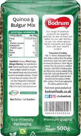 Packaging of Bodrum Quinoa & Bulgur Mix with nutritional information and branding details.