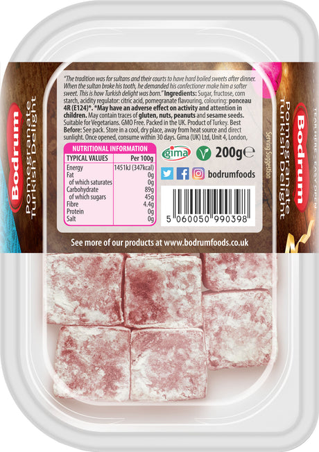 Packaged Turkish delight with Bodrum Foods branding and nutritional information label.