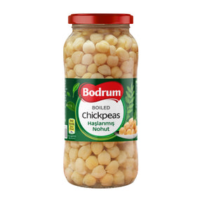 Jar of Bodrum boiled chickpeas on a white background