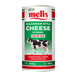 Can of melis Bulgarian style cheese in brine with a cow illustration on a white background