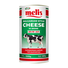 Can of melis Bulgarian style cheese in brine with a cow illustration on a white background