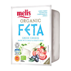 Melis Organic Feta Greek Cheese packaging on a white background