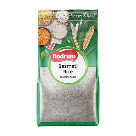 Bodrum Basmati Rice packaging with images of rice and grains on a green background