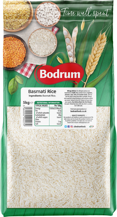 Bodrum Basmati Rice package with rice and grains on a green background