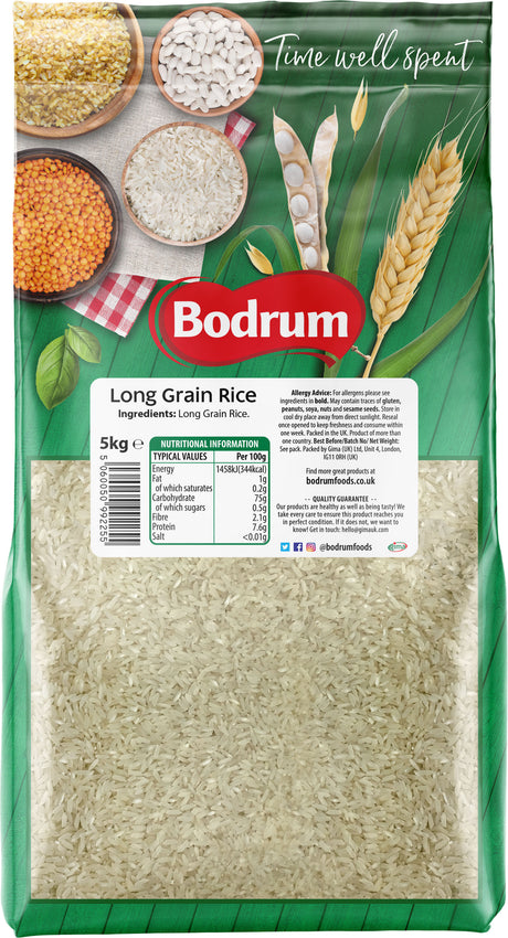Bodrum long grain rice package with rice grains and cooking tips on a green background
