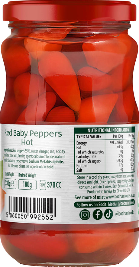 Jar of red baby peppers with nutritional information label