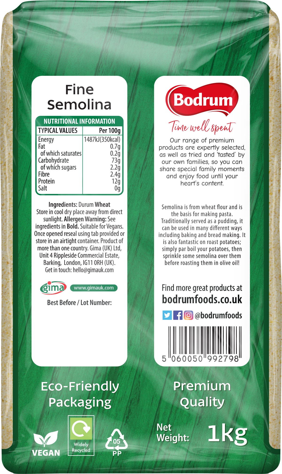 Bodrum Fine Semolina packaging with nutritional information and branding details.